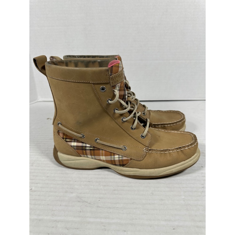 Sperry Top-Sider Womens 9M Tan‎ Leather Plaid Lace Up Moc Toe Boots 9775933